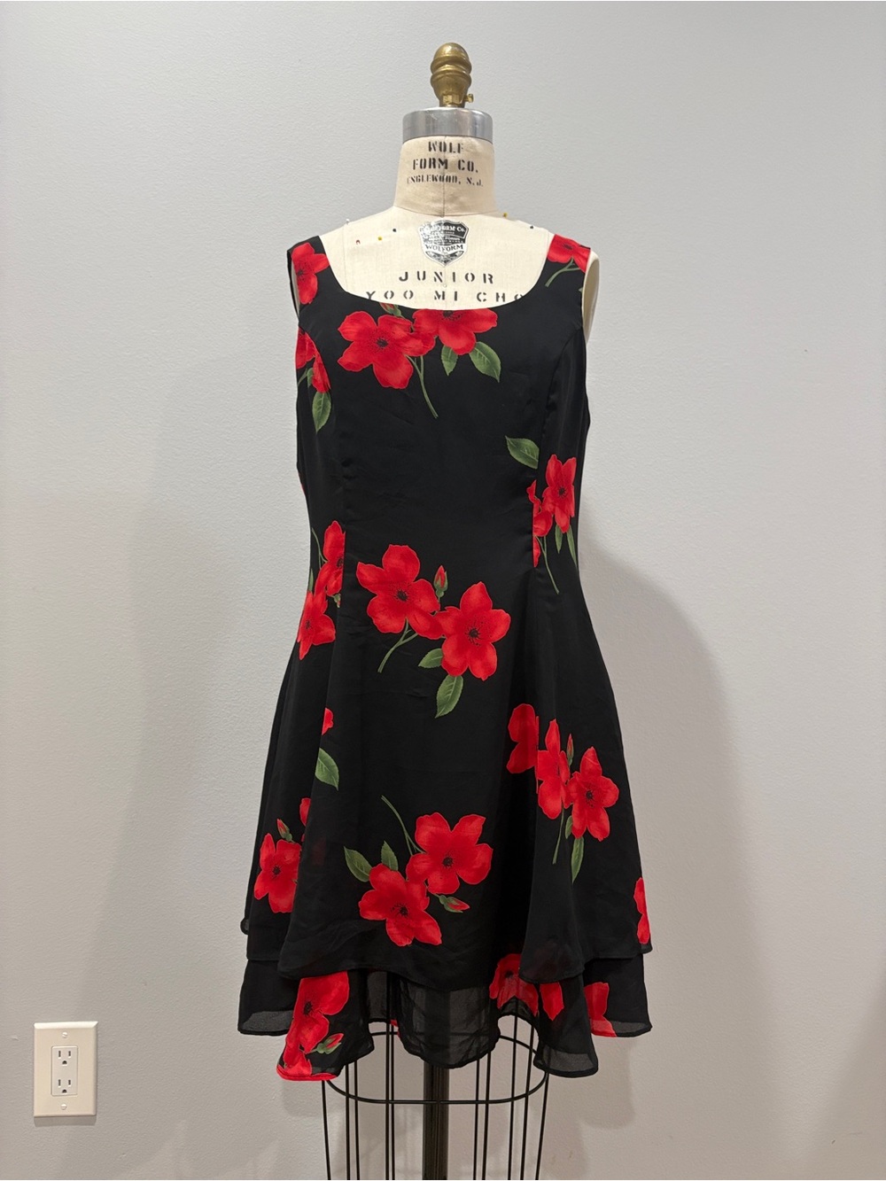 Hampton Nites Vintage Floral Fit-and-Flare Mini Dress with Red Blooms